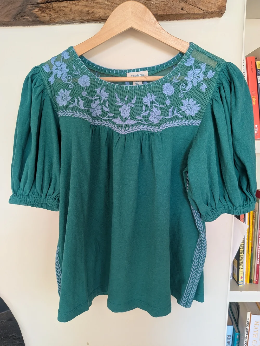 Madewell Teal Puff-Sleeve Embroidered Yoke Top
